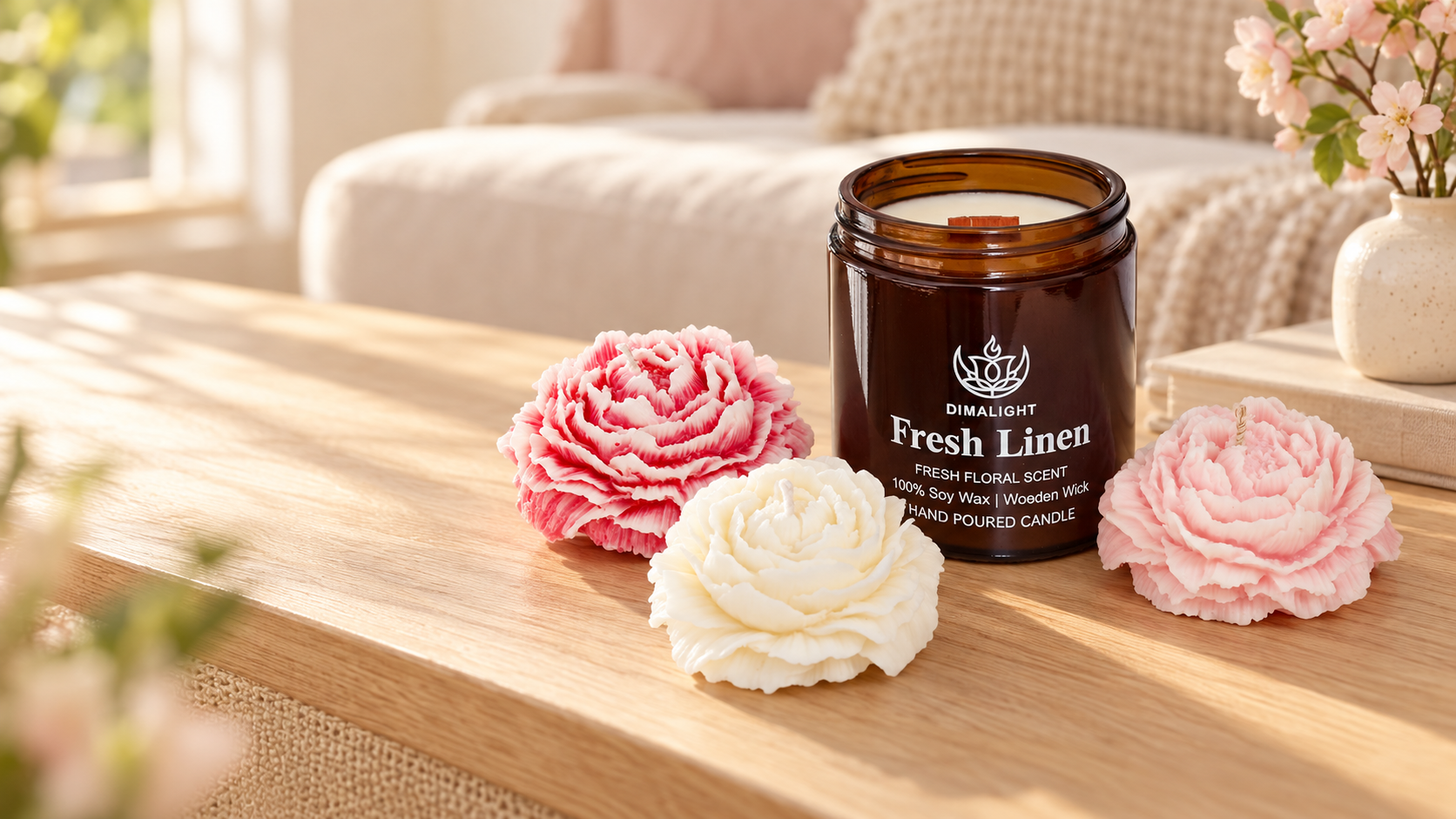 Dimalight Fresh Linen and peony candles in a warm home setting