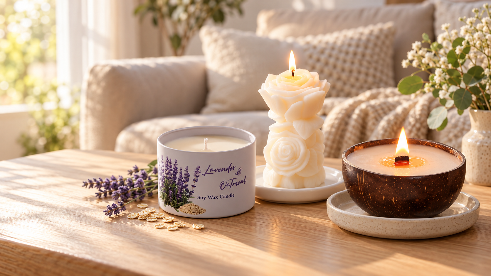 Lavender and Oatmeal, rose pillar and coconut bowl candles in a warm cream living room