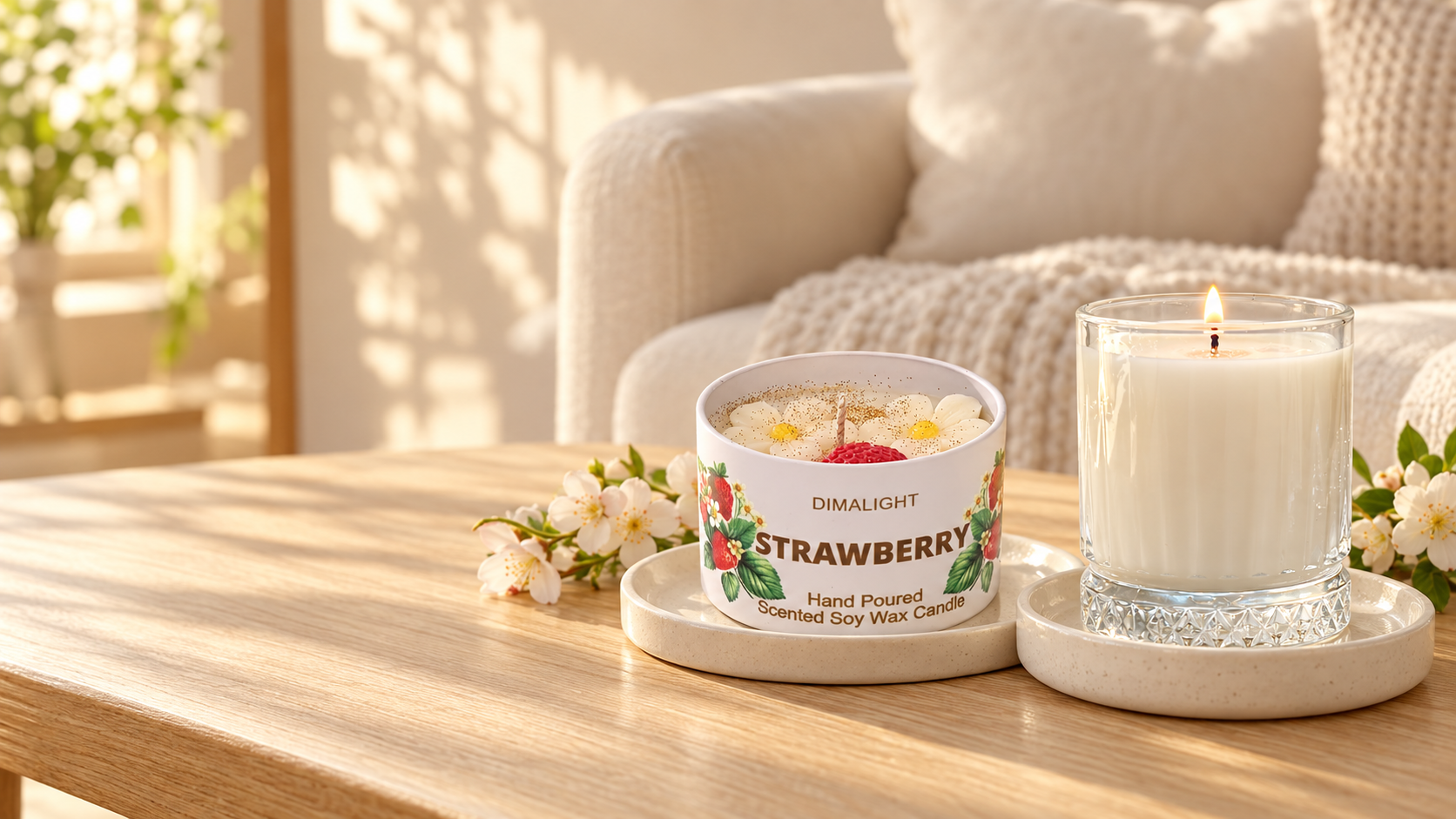 Strawberry candle and crystal tumbler candle on an oak table in a cosy home
